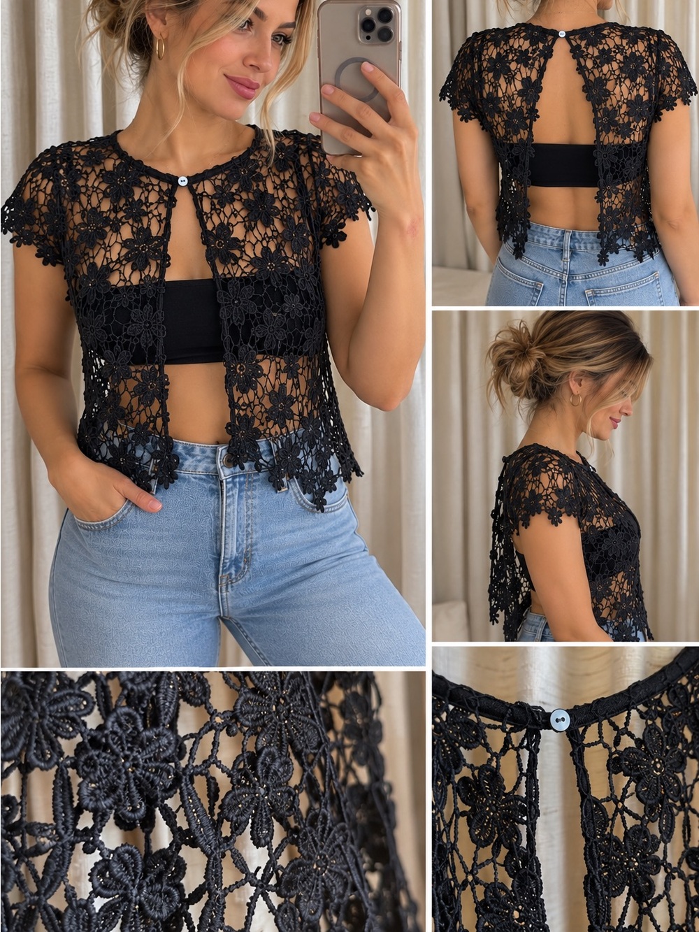 Black Floral Crochet Short Sleeve Cover-Up Top